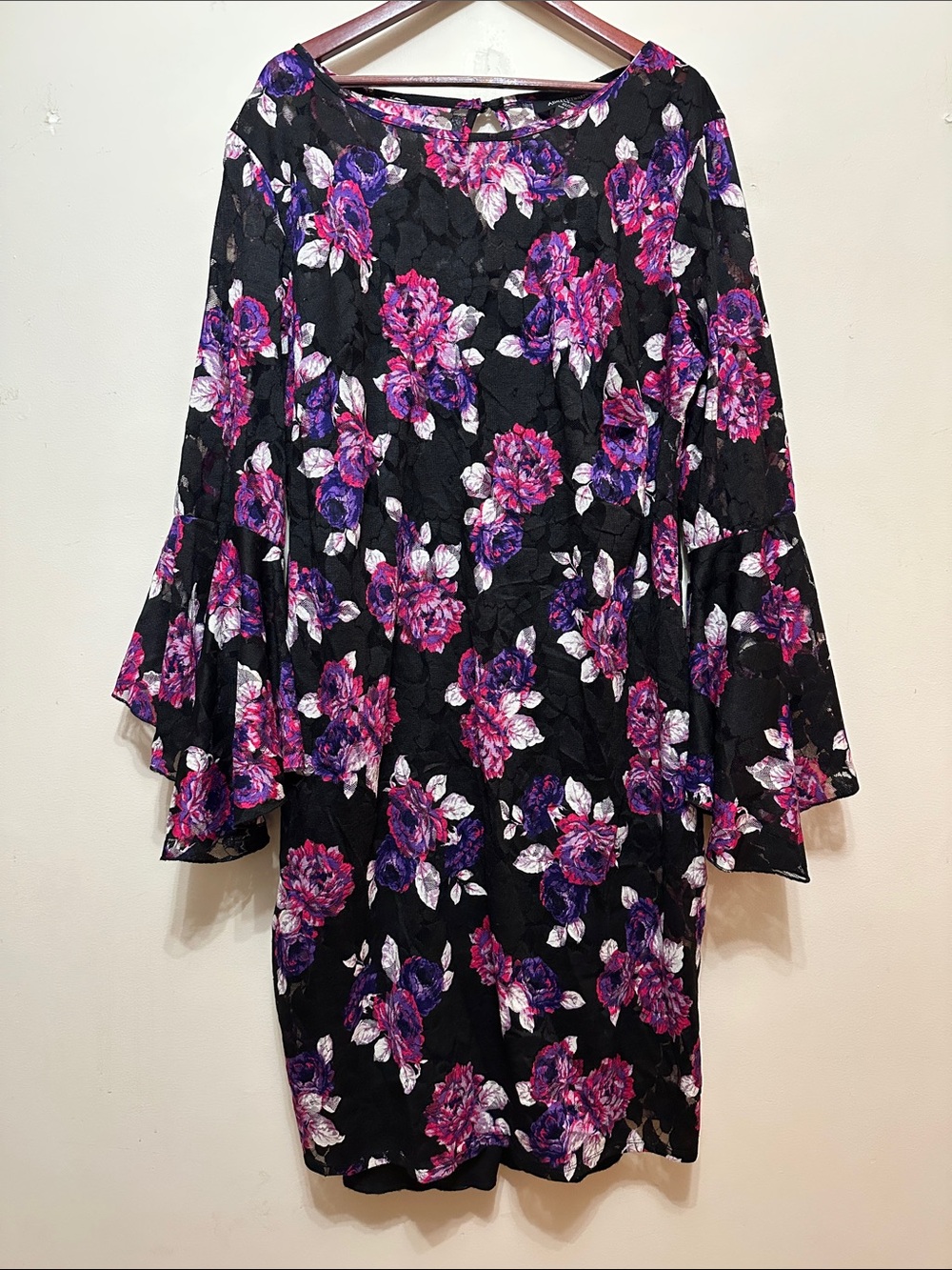 Ashley Stewart Black Dress with Pink & Purple Floral Lace Accents